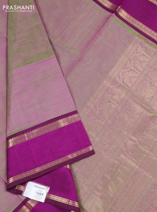 Kanchipuram silk cotton saree dual shade of greenish pink and wine shade with allover zari weaves and rettapet zari woven border