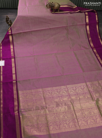 Kanchipuram silk cotton saree dual shade of greenish pink and wine shade with allover zari weaves and rettapet zari woven border
