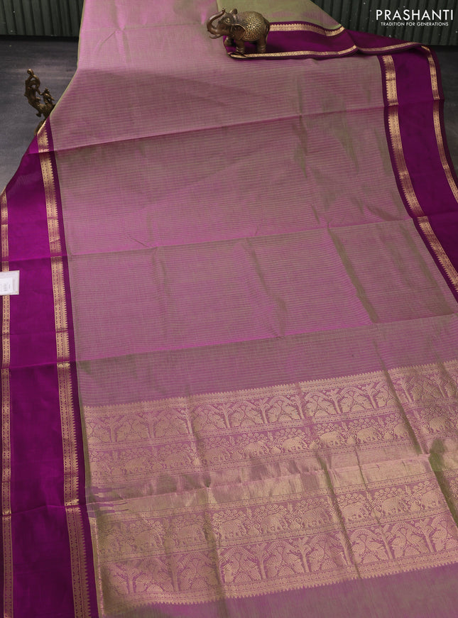 Kanchipuram silk cotton saree dual shade of greenish pink and wine shade with allover zari weaves and rettapet zari woven border