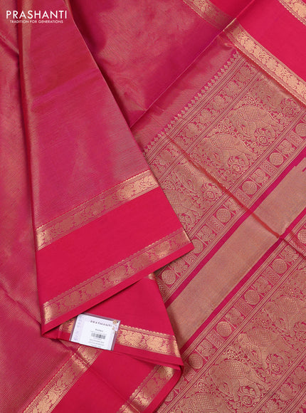 Kanchipuram silk cotton saree pink with allover vairosi pattern and rettapet zari woven border