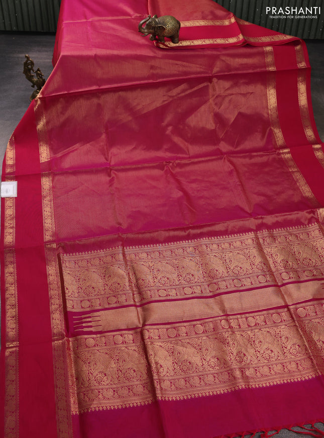 Kanchipuram silk cotton saree pink with allover vairosi pattern and rettapet zari woven border