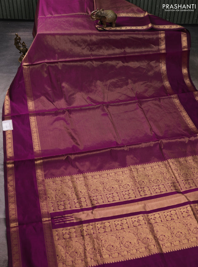Kanchipuram silk cotton saree wine shade with allover vairosi pattern and rettapet zari woven border