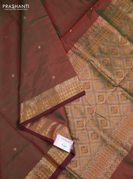Kanchipuram silk cotton saree manthulir green and maroon with zari woven buttas and zari woven border