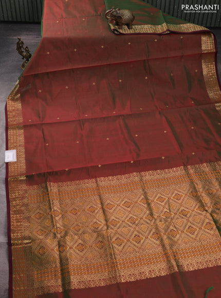 Kanchipuram silk cotton saree manthulir green and maroon with zari woven buttas and zari woven border