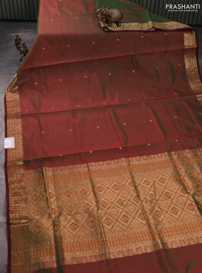 Kanchipuram silk cotton saree manthulir green and maroon with zari woven buttas and zari woven border
