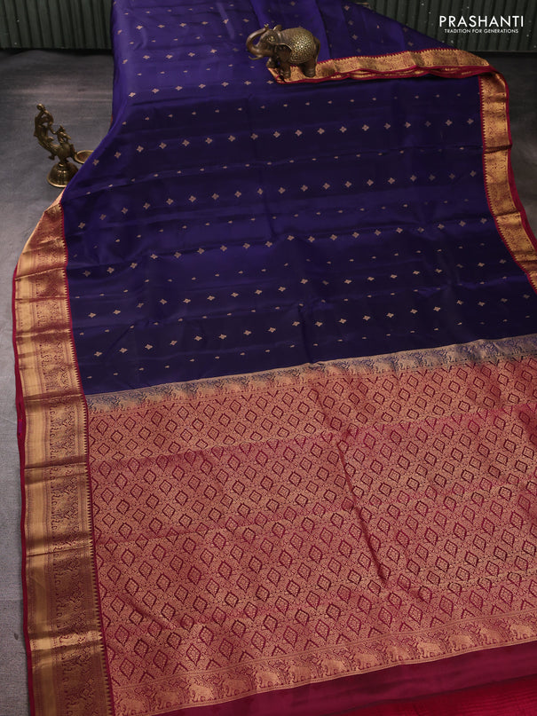 Kanchipuram silk saree dark blue and magenta pink with allover zari woven 1000 buttas and rich zari woven border