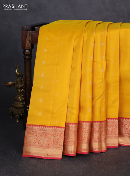 Kanchipuram silk saree mango yellow and pink with allover zari woven 1000 buttas and rich zari woven border