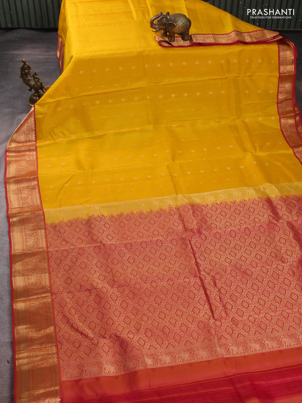 Kanchipuram silk saree mango yellow and pink with allover zari woven 1000 buttas and rich zari woven border