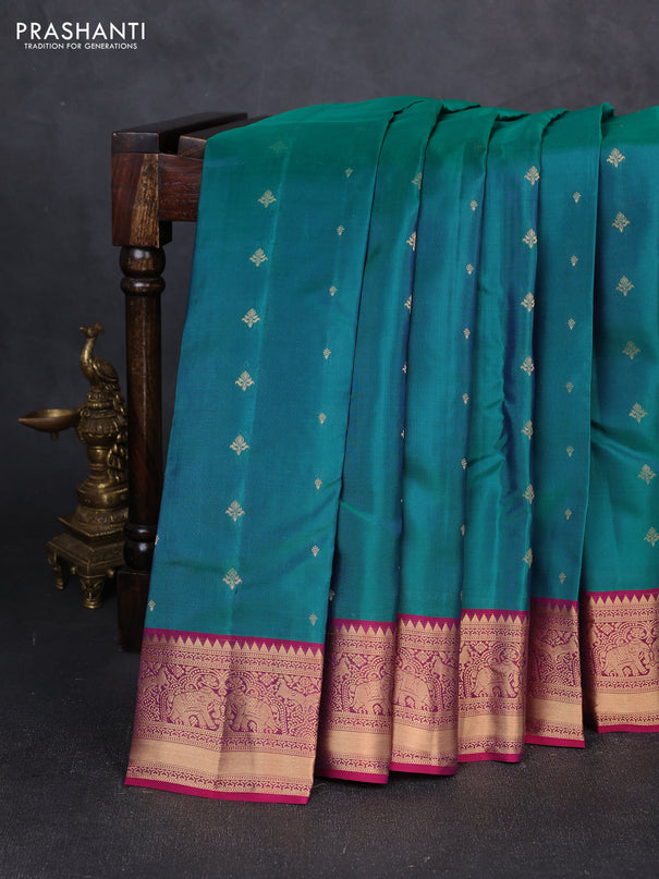 Kanchipuram silk saree green and magenta pink with allover zari woven 1000 buttas and rich zari woven border
