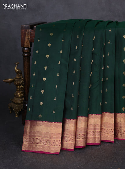Kanchipuram silk saree bottle green and dark magenta pink with allover zari woven 1000 buttas and rich zari woven border