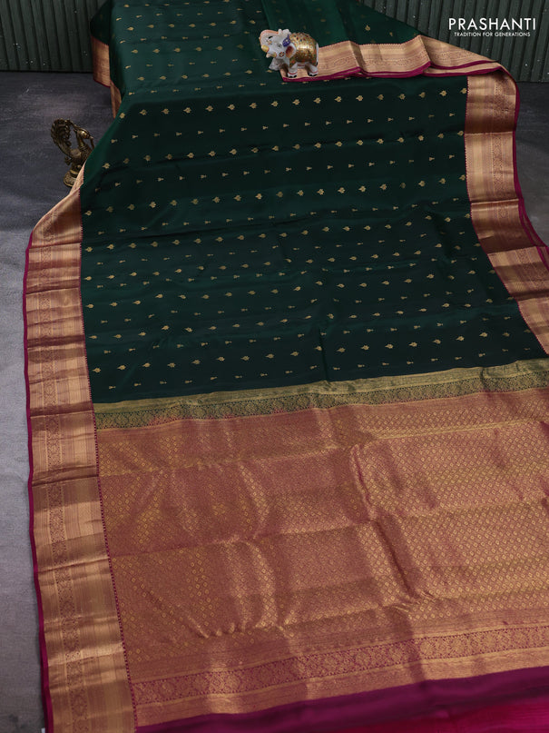 Kanchipuram silk saree bottle green and dark magenta pink with allover zari woven 1000 buttas and rich zari woven border
