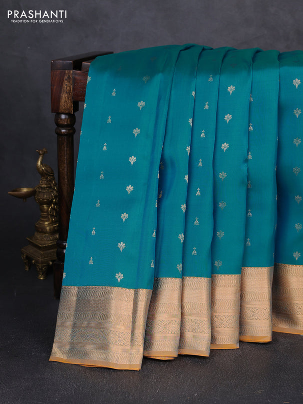 Kanchipuram silk saree teal blue and mustard yellow with allover zari woven 1000 buttas and rich zari woven border