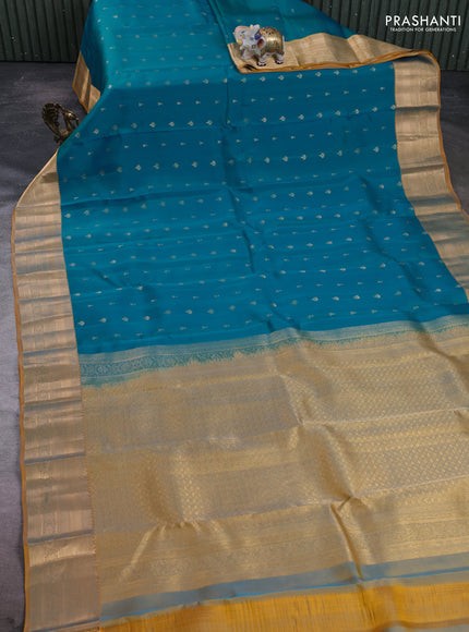 Kanchipuram silk saree teal blue and mustard yellow with allover zari woven 1000 buttas and rich zari woven border