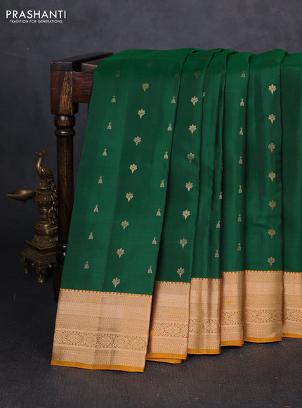 Kanchipuram silk saree green and mustard yellow with allover zari woven 1000 buttas and rich zari woven border