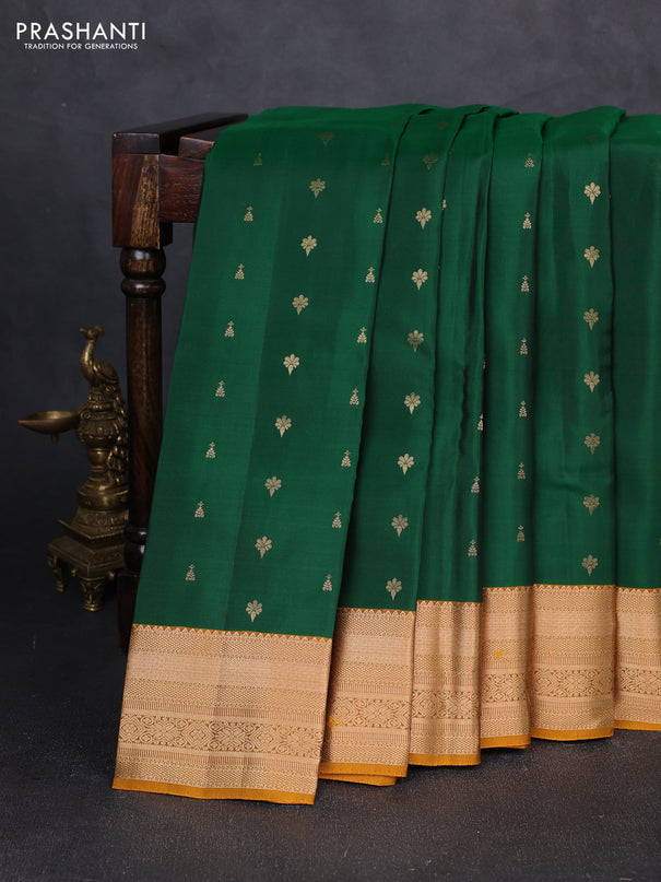 Kanchipuram silk saree green and mustard yellow with allover zari woven 1000 buttas and rich zari woven border