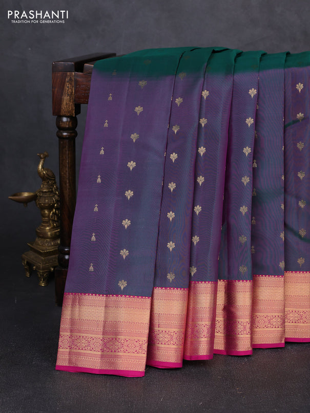 Kanchipuram silk saree dual shade of peacock green and pink with allover zari woven 1000 buttas and rich zari woven border