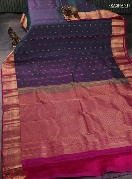 Kanchipuram silk saree dual shade of peacock green and pink with allover zari woven 1000 buttas and rich zari woven border
