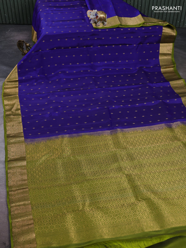 Kanchipuram silk saree blue and mehendi green with allover zari woven 1000 buttas and rich zari woven border