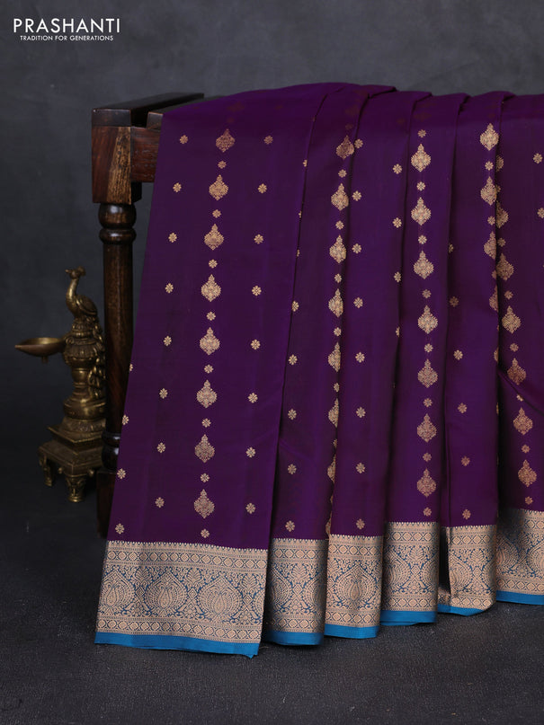 Kanchipuram silk saree purple and cs blue with allover zari woven 1000 buttas and rich zari woven border