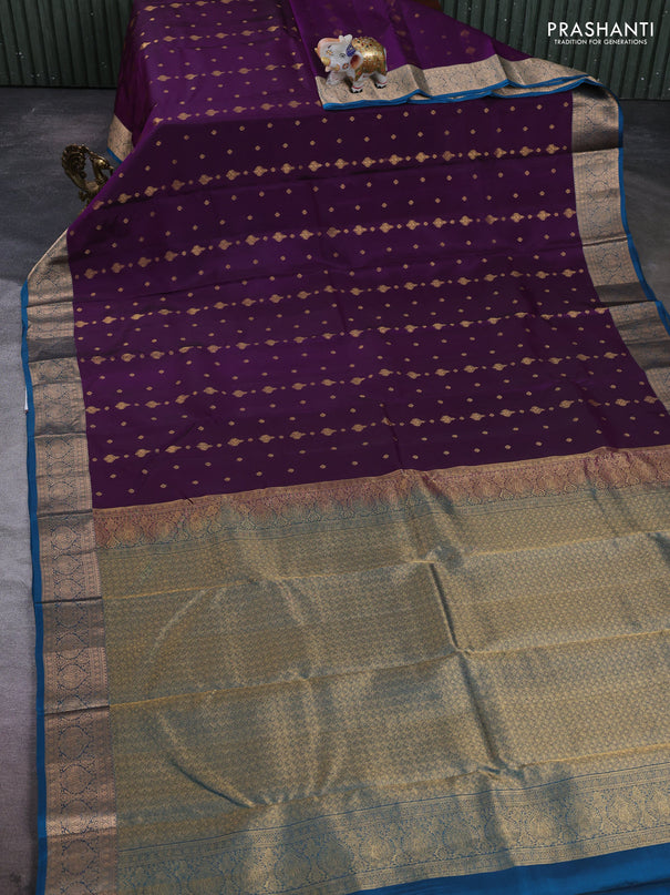 Kanchipuram silk saree purple and cs blue with allover zari woven 1000 buttas and rich zari woven border