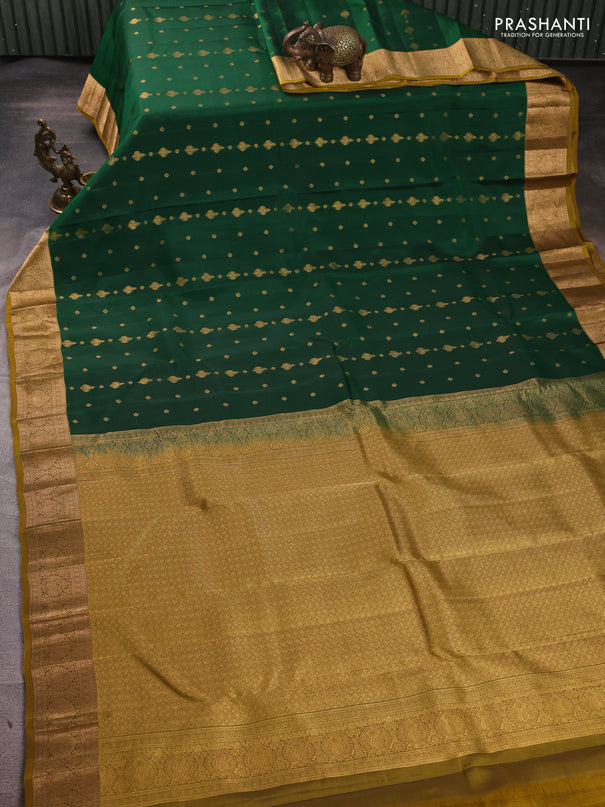 Kanchipuram silk saree green and dark mustard with allover zari woven 1000 buttas and rich zari woven border