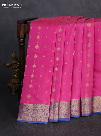 Kanchipuram silk saree pink and dual shade of blue with allover zari woven 1000 buttas and rich zari woven border