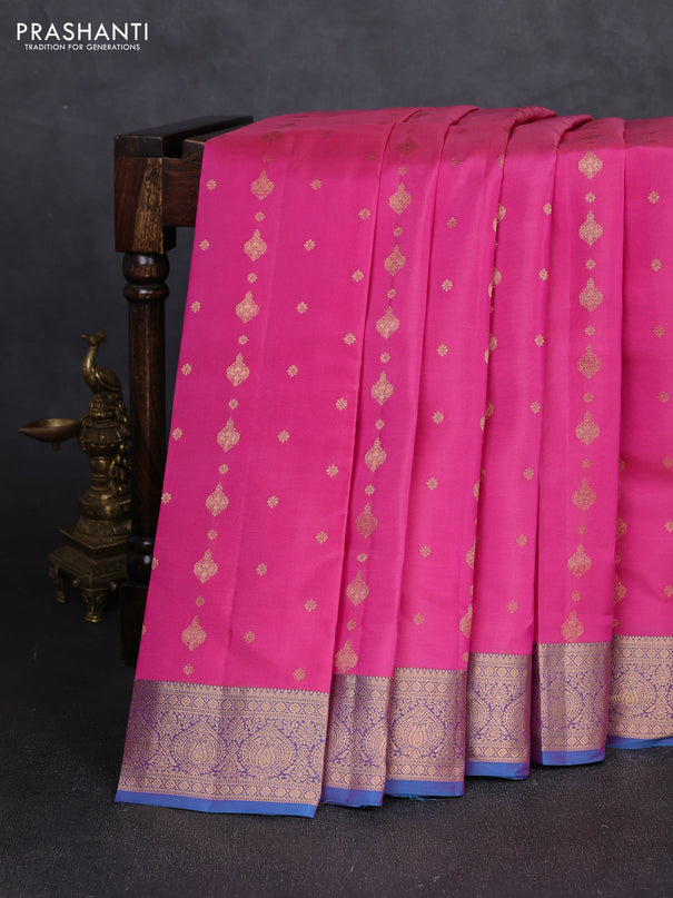 Kanchipuram silk saree pink and dual shade of blue with allover zari woven 1000 buttas and rich zari woven border