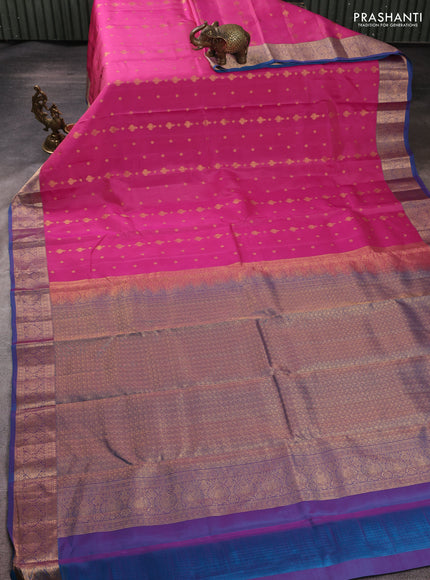 Kanchipuram silk saree pink and dual shade of blue with allover zari woven 1000 buttas and rich zari woven border