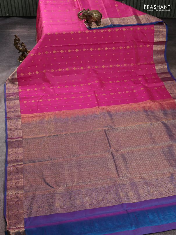 Kanchipuram silk saree pink and dual shade of blue with allover zari woven 1000 buttas and rich zari woven border