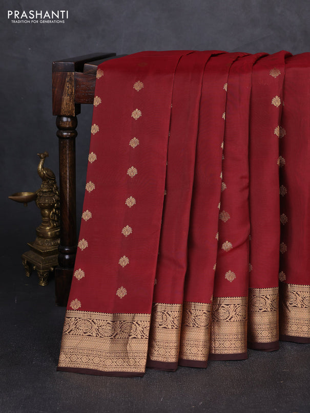 Kanchipuram silk saree maroon and coffee brown with allover zari woven 1000 buttas and rich zari woven border