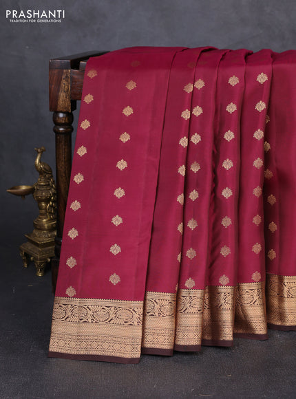 Kanchipuram silk saree magenta pink and coffee brown with allover zari woven buttas and rich zari woven border