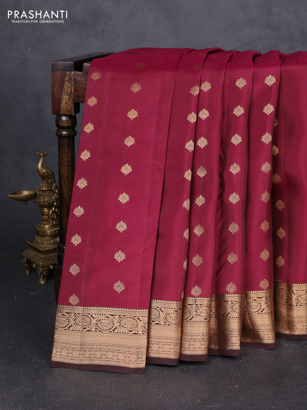 Kanchipuram silk saree magenta pink and coffee brown with allover zari woven buttas and rich zari woven border