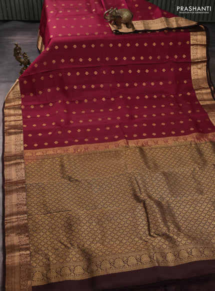 Kanchipuram silk saree magenta pink and coffee brown with allover zari woven buttas and rich zari woven border