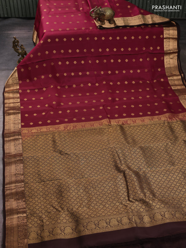 Kanchipuram silk saree magenta pink and coffee brown with allover zari woven buttas and rich zari woven border