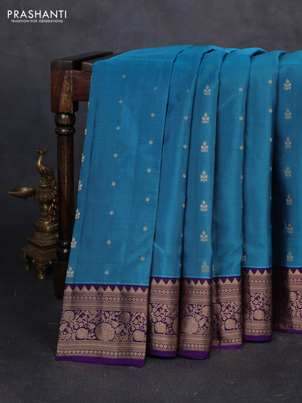 Kanchipuram silk saree blue and violet with allover zari woven buttas and rich zari woven border