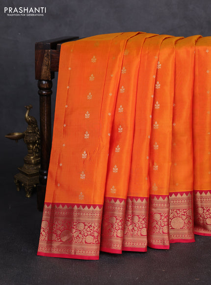 Kanchipuram silk saree orange and reddish pink with allover zari woven buttas and rich zari woven border
