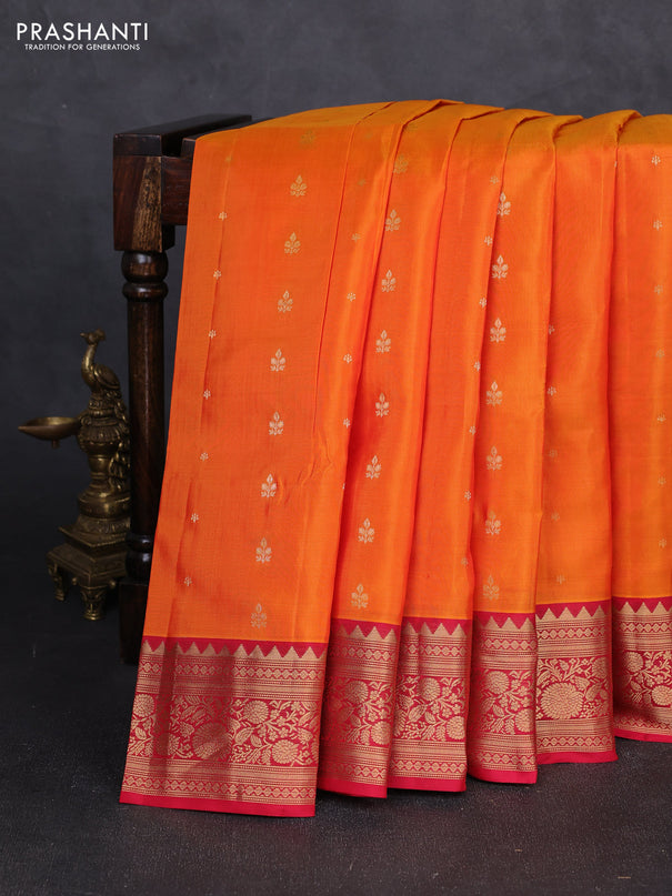 Kanchipuram silk saree orange and reddish pink with allover zari woven buttas and rich zari woven border