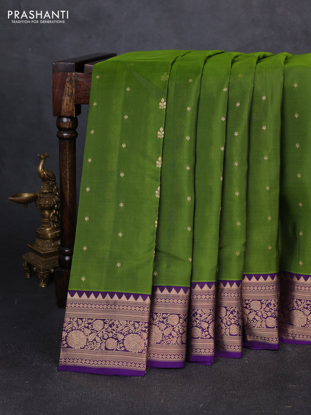 Kanchipuram silk saree green and violet with allover zari woven buttas and rich zari woven border