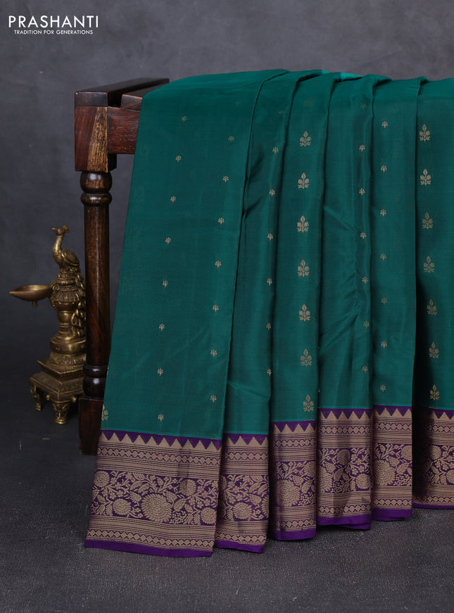 Kanchipuram silk saree peacock green and violet with allover zari woven 1000 buttas and rich zari woven border