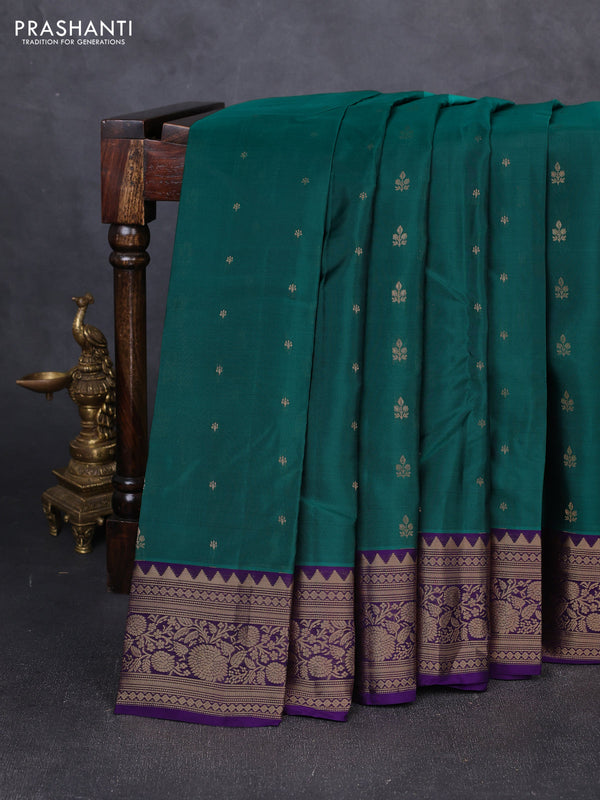 Kanchipuram silk saree peacock green and violet with allover zari woven 1000 buttas and rich zari woven border