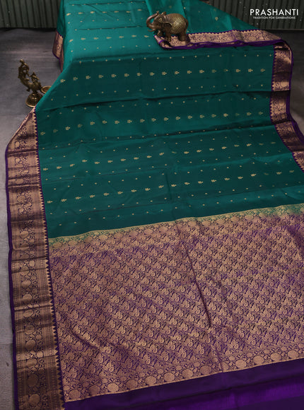 Kanchipuram silk saree peacock green and violet with allover zari woven 1000 buttas and rich zari woven border