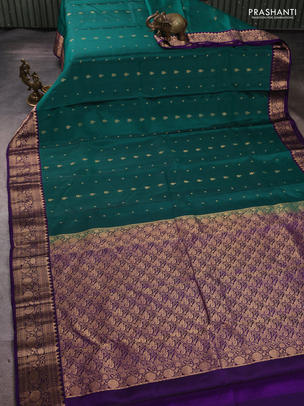 Kanchipuram silk saree peacock green and violet with allover zari woven 1000 buttas and rich zari woven border