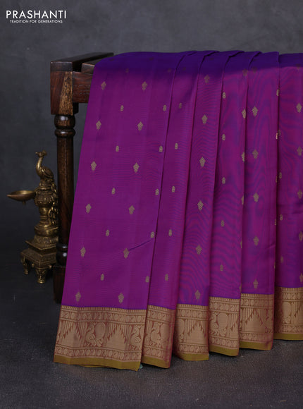 Kanchipuram silk saree purple and mustard green shade with allover zari woven 1000 buttas and annam & temple zari woven border