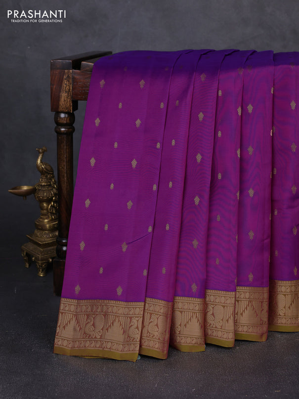 Kanchipuram silk saree purple and mustard green shade with allover zari woven 1000 buttas and annam & temple zari woven border