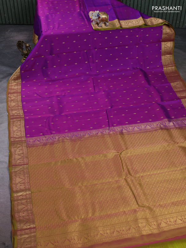 Kanchipuram silk saree purple and mustard green shade with allover zari woven 1000 buttas and annam & temple zari woven border