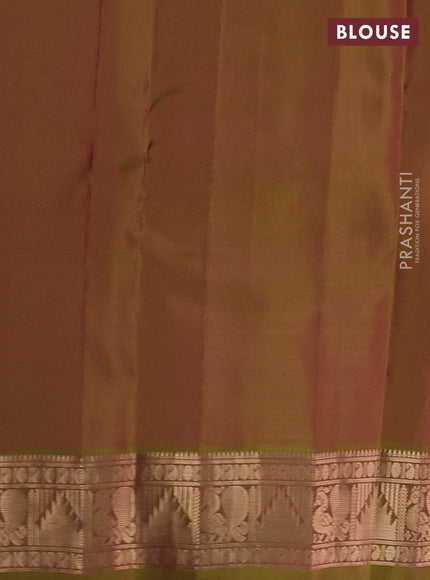 Kanchipuram silk saree purple and mustard green shade with allover zari woven 1000 buttas and annam & temple zari woven border