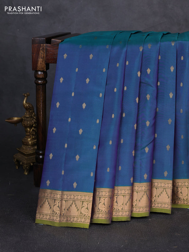 Kanchipuram silk saree dual shade of peacock green and mehendi green with allover zari woven 1000 buttas and annam & temple zari woven border