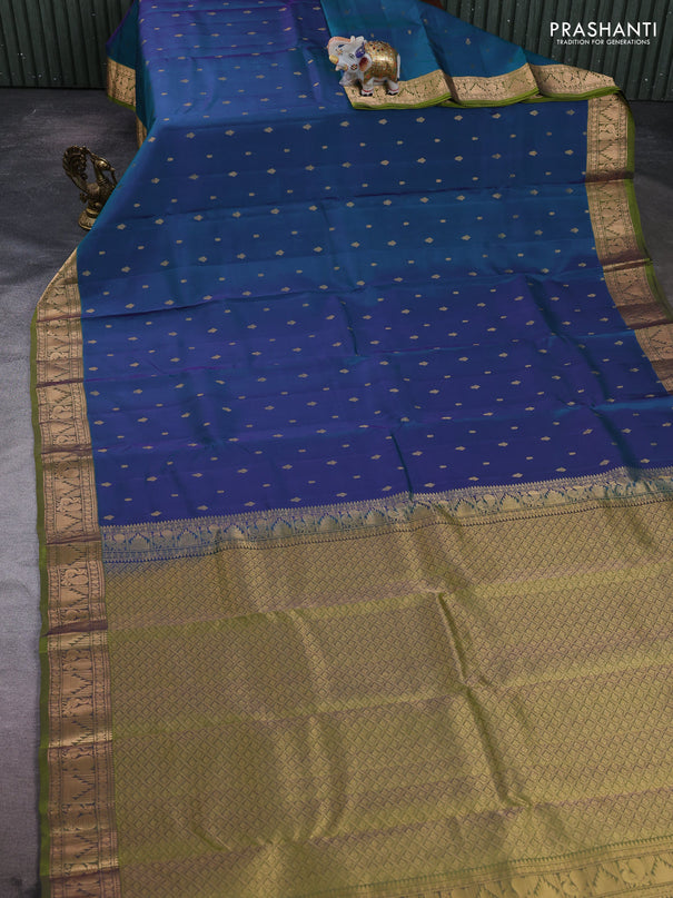 Kanchipuram silk saree dual shade of peacock green and mehendi green with allover zari woven 1000 buttas and annam & temple zari woven border