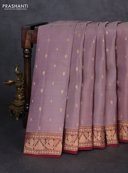 Kanchipuram silk saree pastel pink hade and maroon with allover zari woven 1000 buttas and annam & temple zari woven border