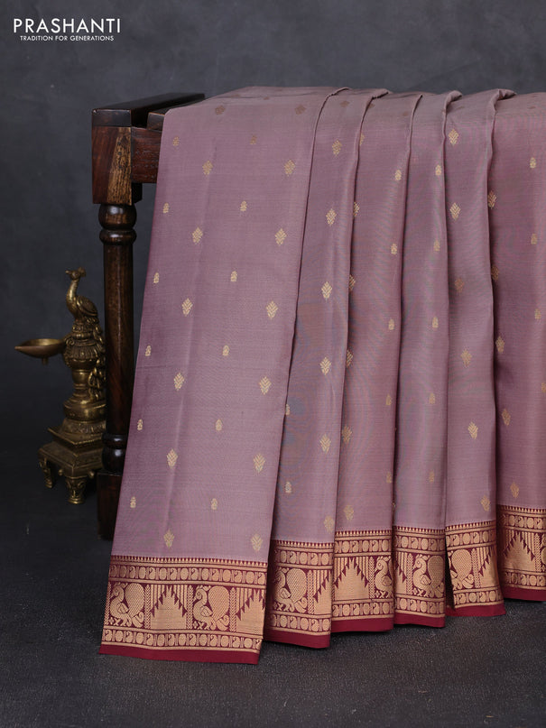 Kanchipuram silk saree pastel pink hade and maroon with allover zari woven 1000 buttas and annam & temple zari woven border